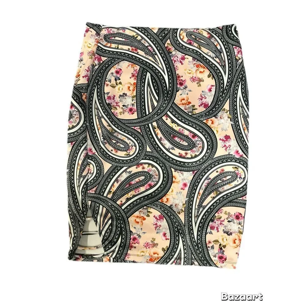 Bisou Bisou Pencil Straight Skirt Stretch Multi-Color Paisley. Size L
